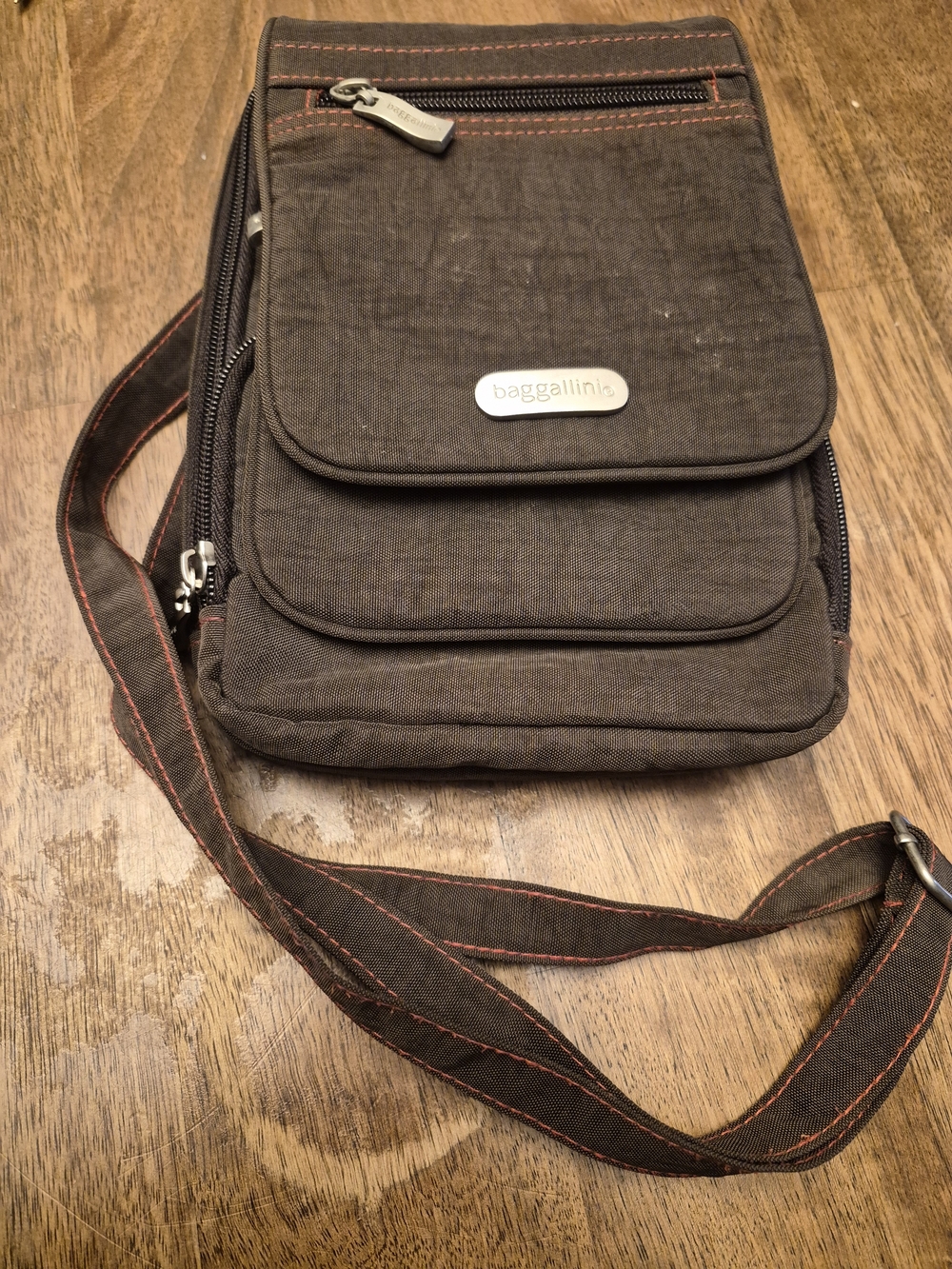 Baggallini Brown Crossbody Messenger Bag with Orange Stitching